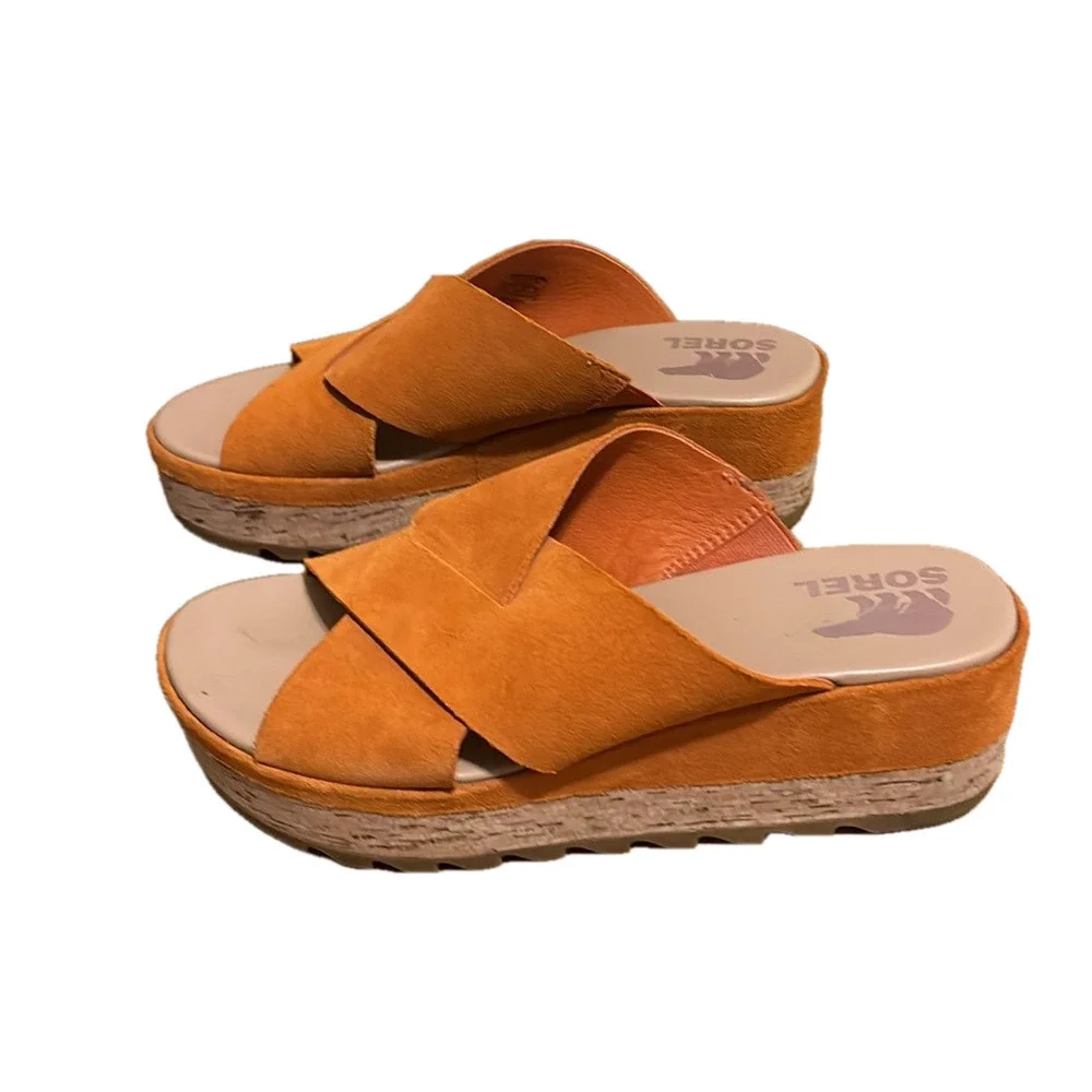 Sorel Cameron Desert Sun/Gum Women's Suede Flatform Mules, 9